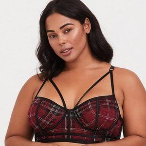 TORRID - STRAPPY LACE UNDERWIRE BRA / BRALETTE - RED BLACK PLAID MESH - SIZE 2
